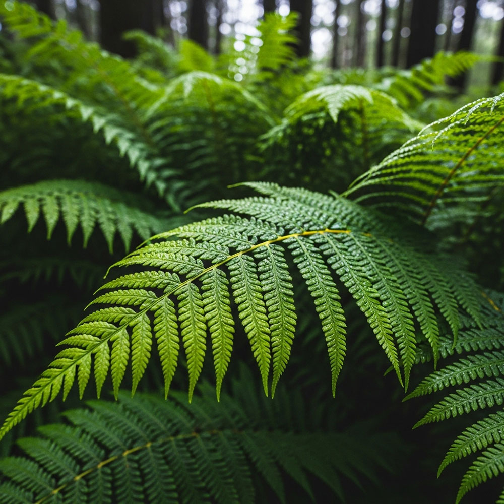 A dense patch of green ferns in a forest.
