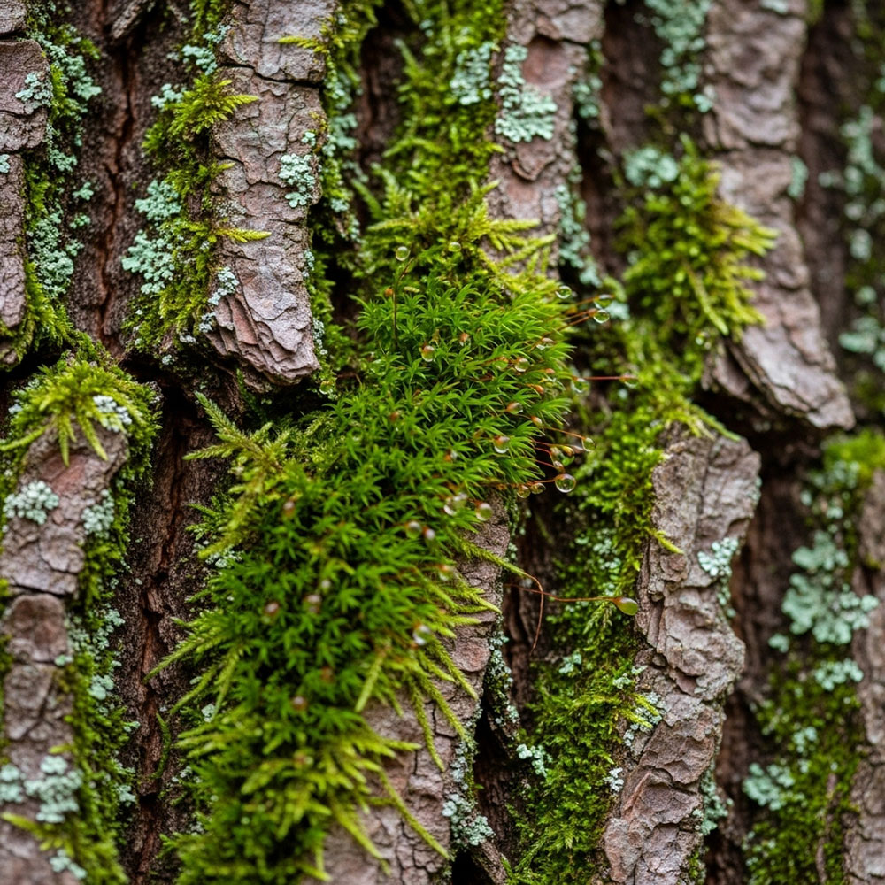 Green moss growing on the bark of a pine tree.