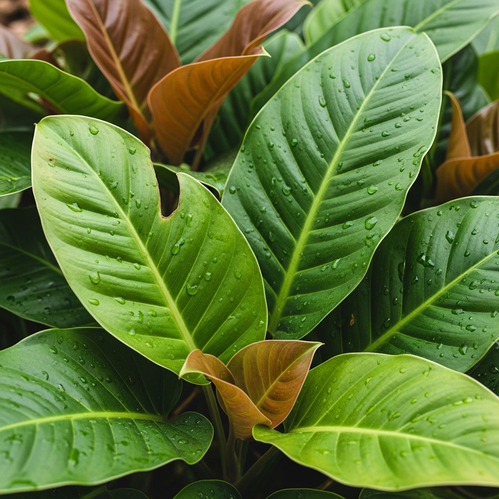 Close-up of plant with large green and red-green leaves. Water droplets collect on the leaves.