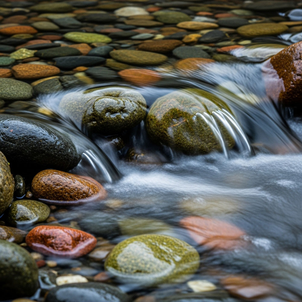 Water flows over river rock and stones in a shallow stream.