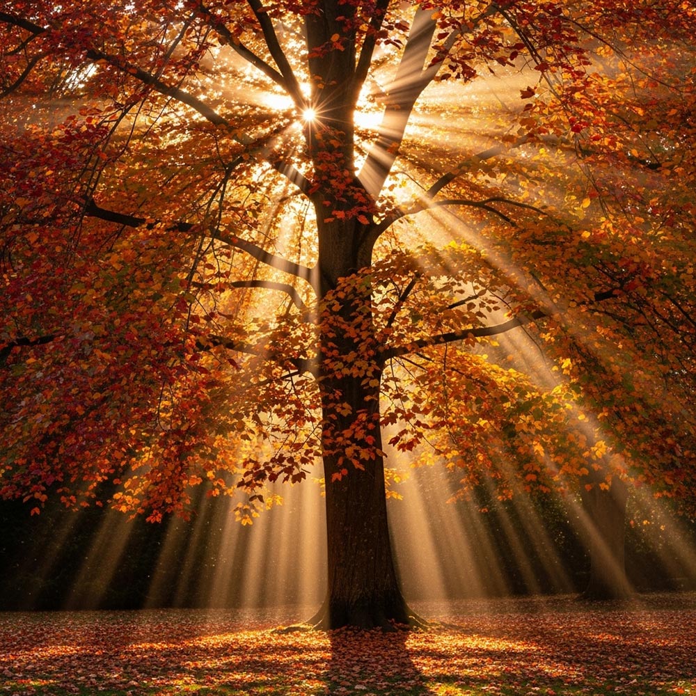 A tree in autumn, with sunlight streaming through the branches from behind/above the tree.