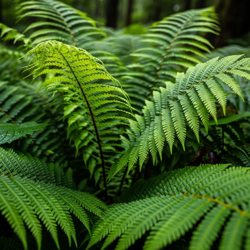 A dense patch of green ferns in a forest.