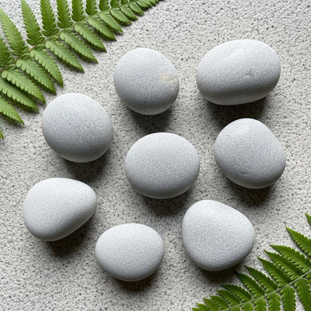 A group eight smooth grey stones arranged in a circle. Fern fronds frame the image.