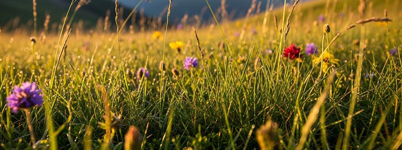 A mountain meadow with grasses and wildflowers in the foreground.