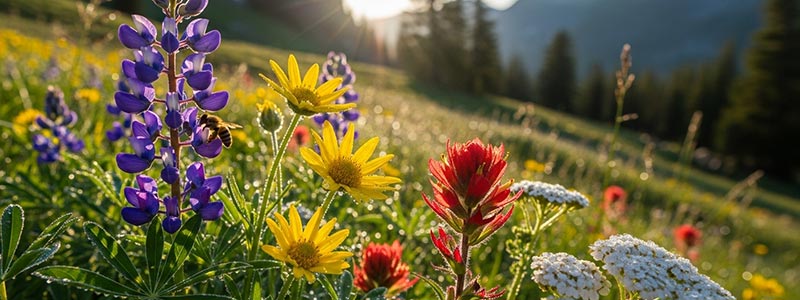 A mountain meadow with grasses and wildflowers in the foreground.