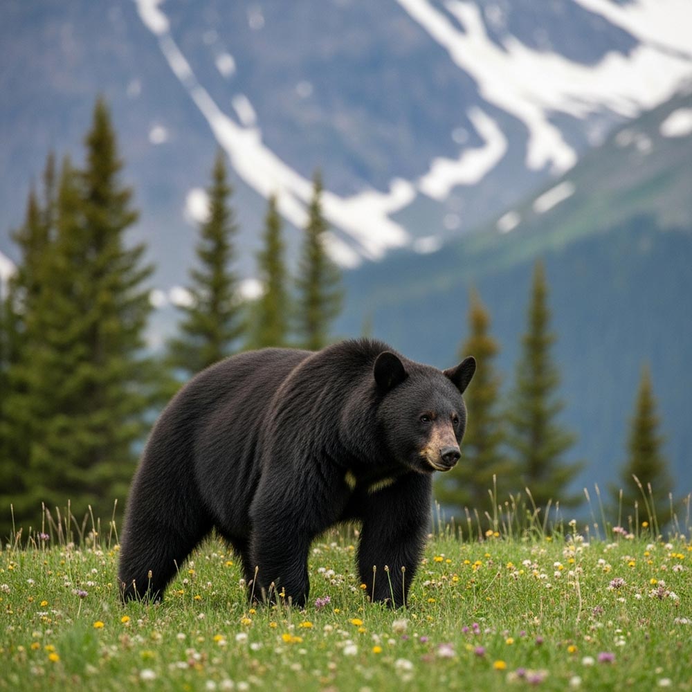 A single black bear strolls through a mountain meadow. In the background are mountains and spruce trees.